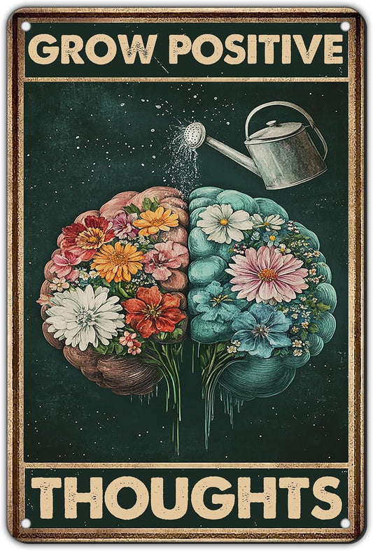 KIYOYO Vintage Tin Metal Sign Poster Grow Positive Thoughts Vintage Poster Flower Head Girl Poster Mental Health Poster Motivational Poster Emotions Poster Vintage Wall Home Decor 8x12 Inch