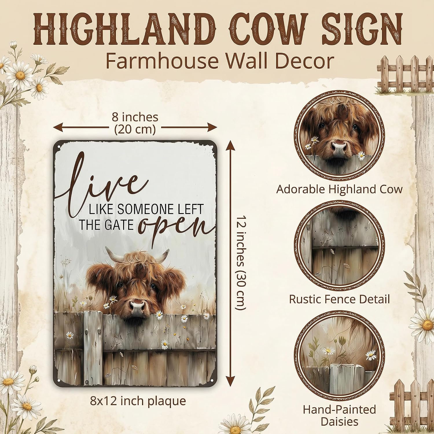 Funnysign Highland Cow Gifts Highland Cow Live Like Someone Left The Gate Open Vintage Tin Sign for Farmhouse Barn Office Kitchen Bathroom Porch Decor 8x12 Inch (26051)