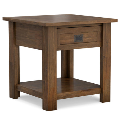 SIMPLIHOME Monroe End Table - 22 inch Wide Solid Acacia Wood Side Table in Distressed Charcoal Brown, Rustic Accent Table for Living Room or Bedroom with Drawer and Shelf