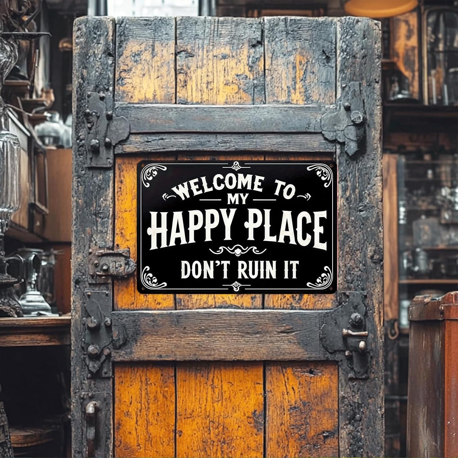 Funny Welcome To My Happy Place Metal Tin Sign, Vintage Rustic Wall Art Decor for Home Bedroom Porch Garden Farmhouse Decoration, 8 x 12 Inch