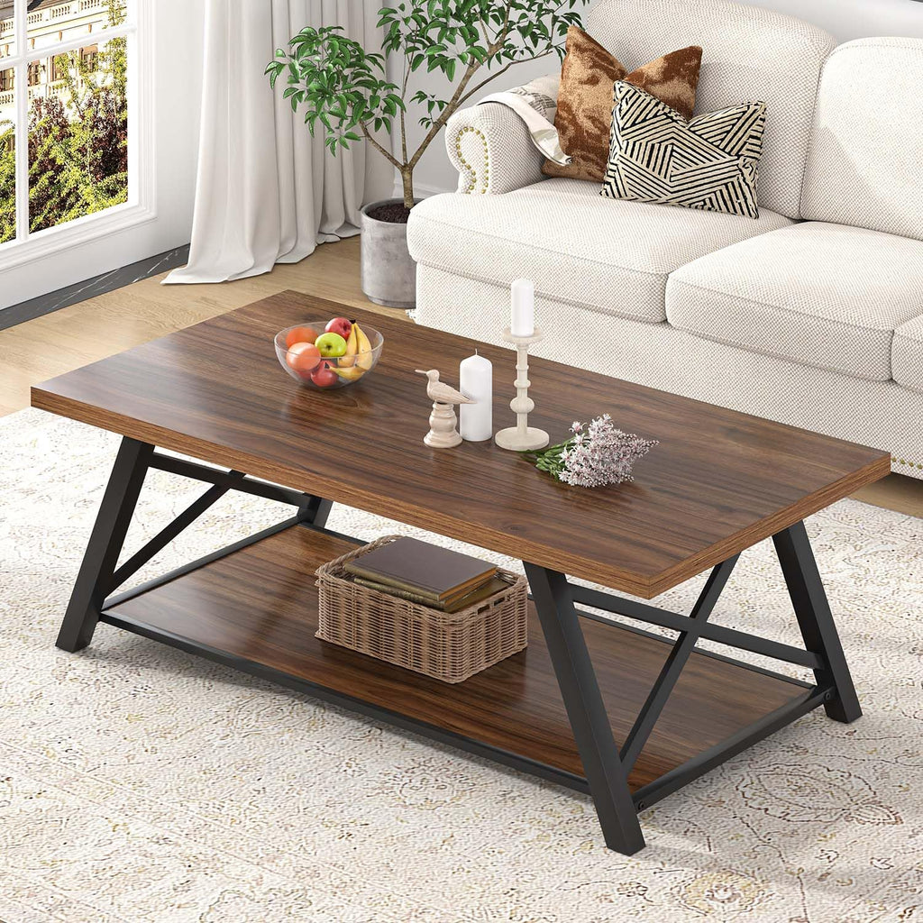 EXCEFUR Modern Coffee Table, Rectangle Center Table for Living Room with Storage Shelf, Industrial Wood and Metal Cocktail Tea Table, Rustic Oak, 47 Inch
