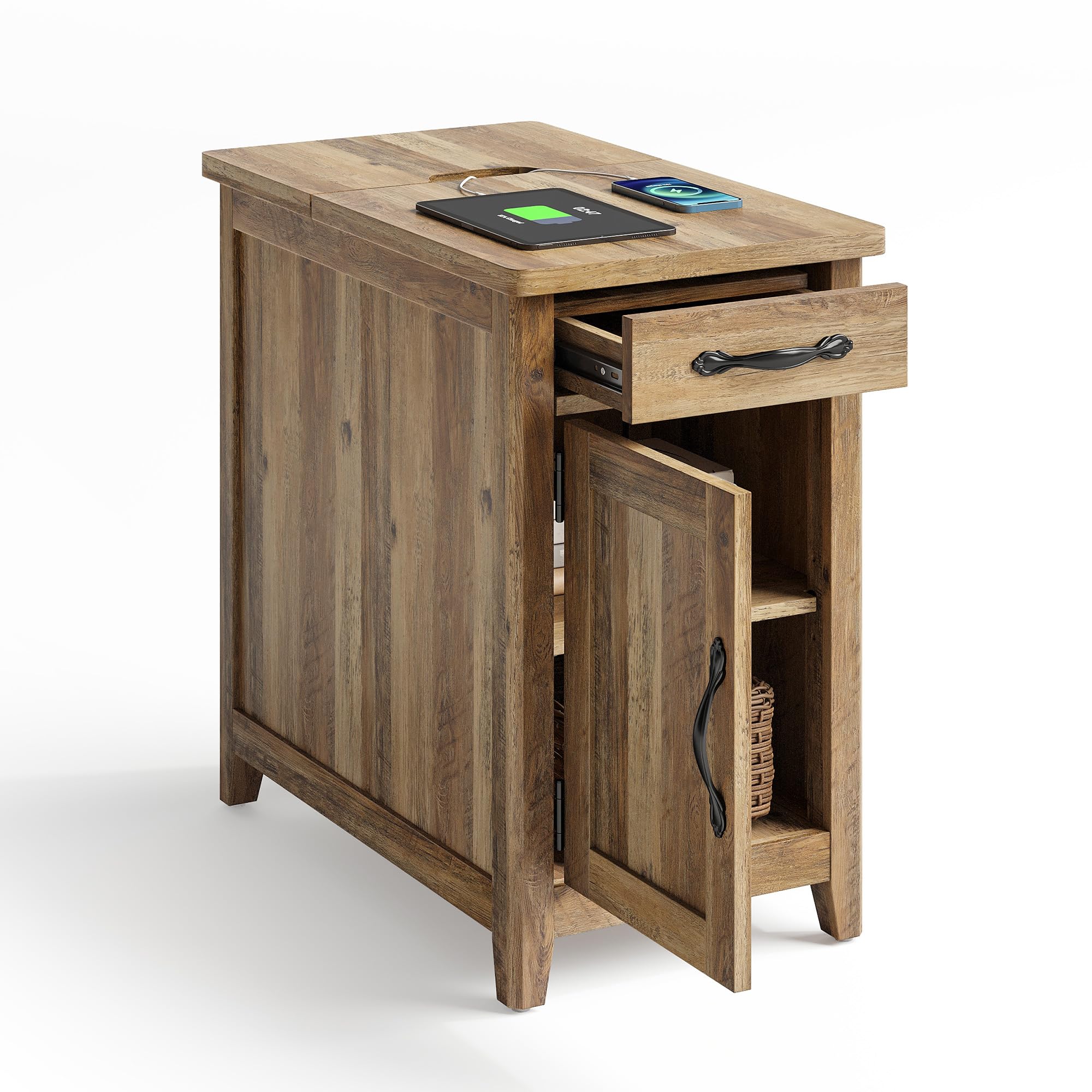 LINSY HOME End Table with Charging Station, Modern Farmhouse Wooden Side Table with Drawer, Detachable Holder, Extra Storage & Display Space, for Living Room and Bedroom, Glass Door, Washed Grey