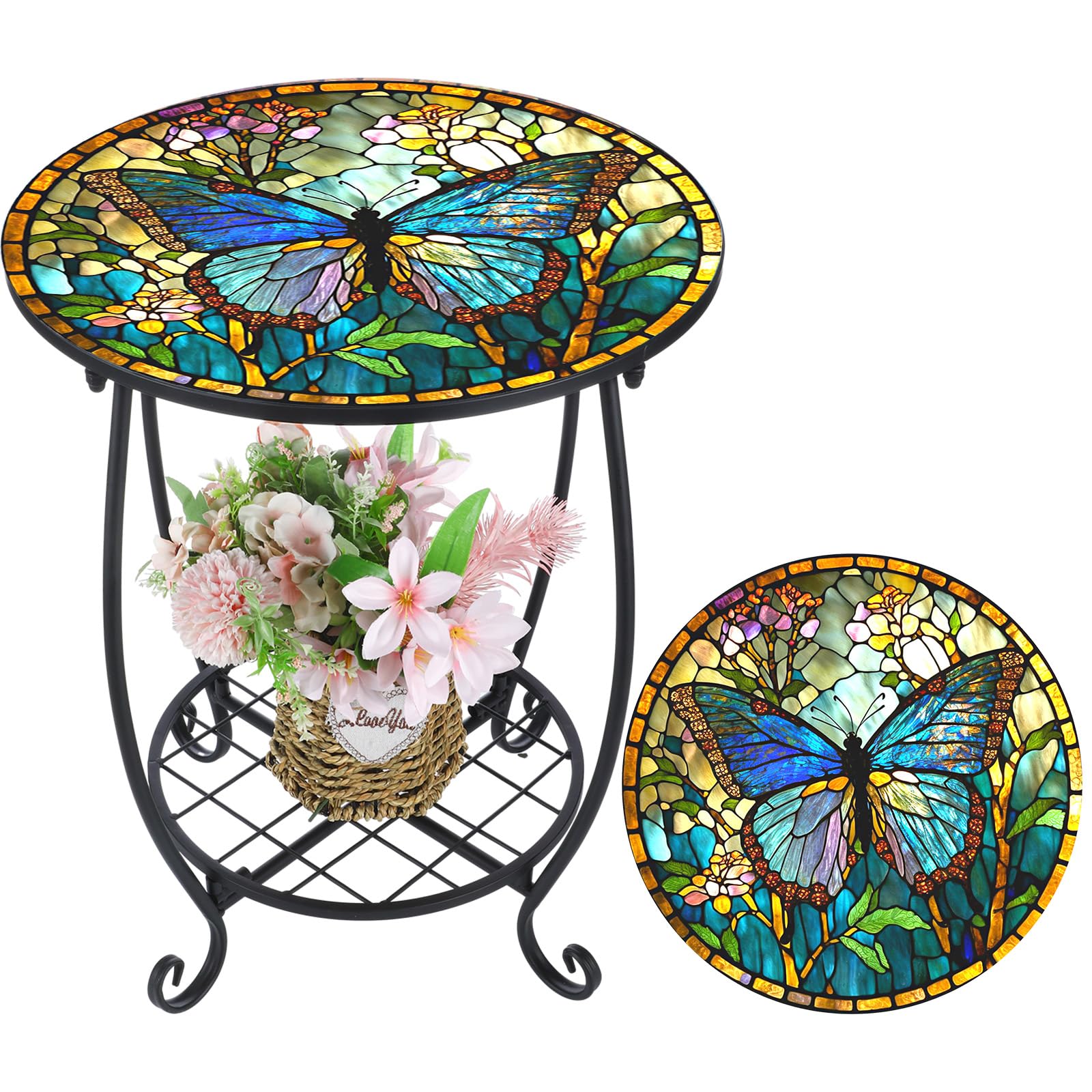 Cinnvoice Outdoor Side Table Round Small Mosaic Patio Accent Indoor End Plant Coffee Tea Table for Yard Patio Porch Garden Living Room, Bedroom(Butterfly Style,14 Inch)