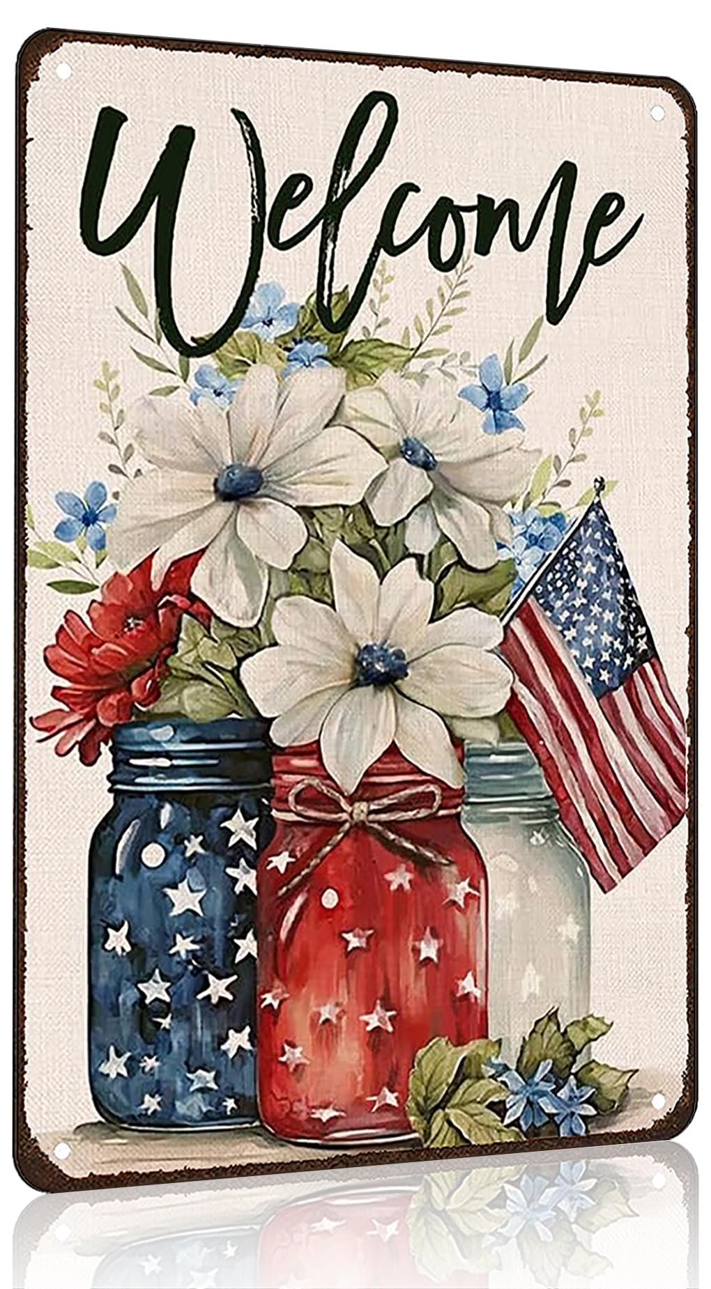 Smilelife Patriotic Floral Mason Jar USA Flag Welcome Tin Sign for Home Bedroom Man Cave Garage 4th of July Memorial Day Independence Day Decor 8 X 12 Inch (3707)