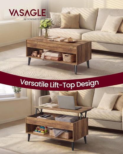 VASAGLE Lift Top Coffee Table, Lift Tabletop Dining Table, Gas Spring, Hidden Compartment, Open Storage Shelf, for Living Room, Home Office, Honey Brown ULCT268KB01S