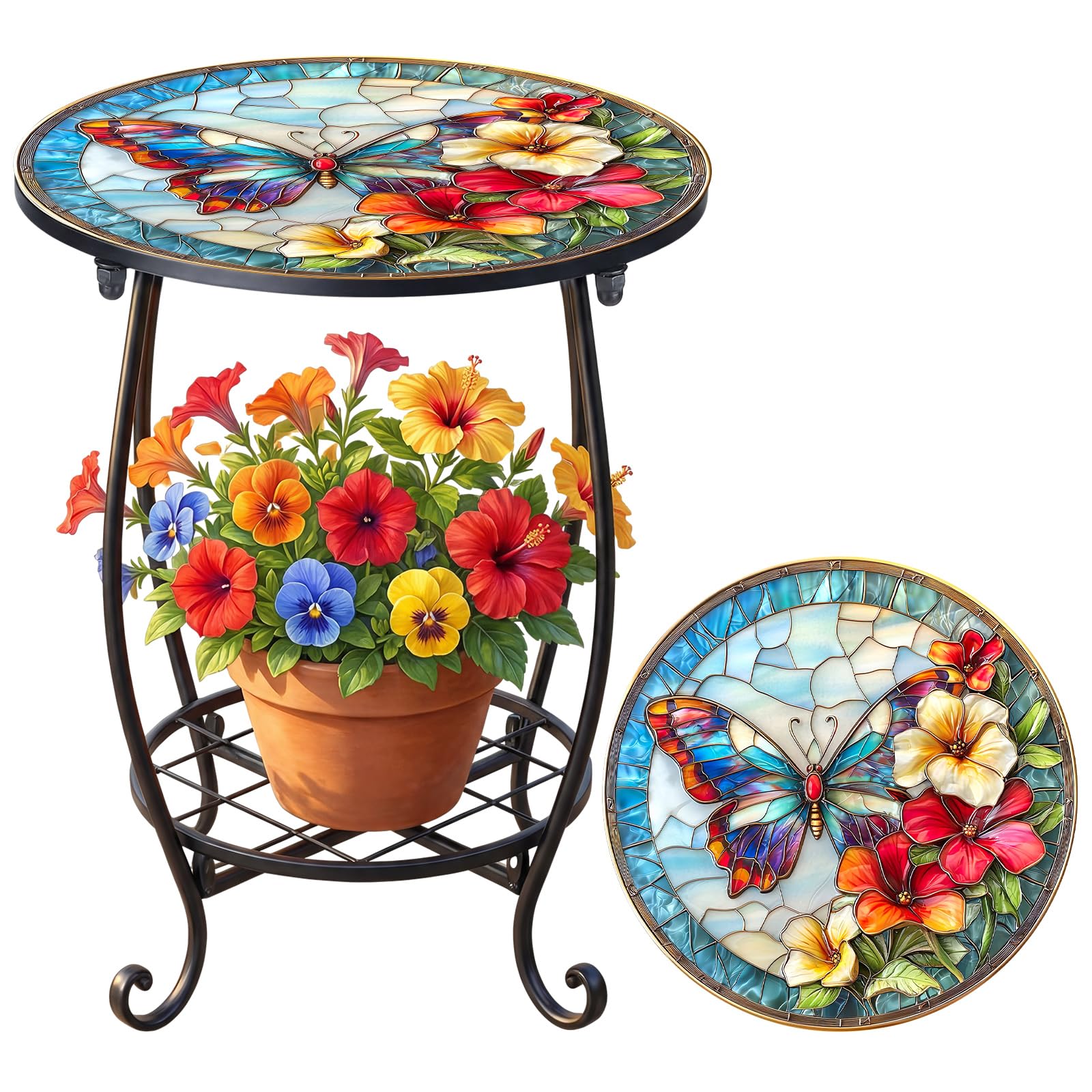 Cinnvoice Outdoor Side Table Round Small Mosaic Patio Accent Indoor End Plant Coffee Tea Table for Yard Patio Porch Garden Living Room, Bedroom(Butterfly Style,14 Inch)