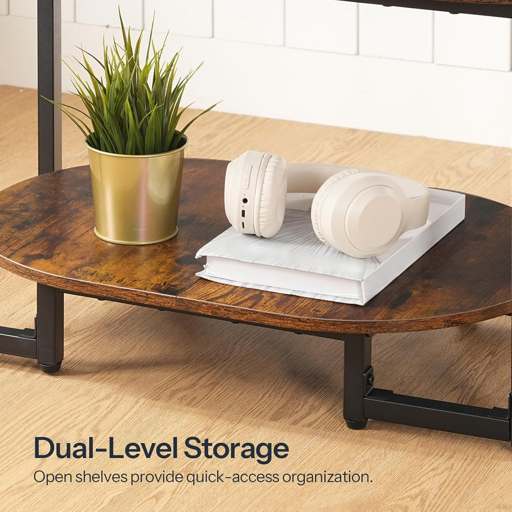 Coffee Table for Living Room, Oval Small Coffee Table with 2-Tier Open Storage Shelf, Industrial Cocktail Tea Table, Wooden Desktop Center Table, Farmhouse, Home Office, Rustic Brown BF09KF01