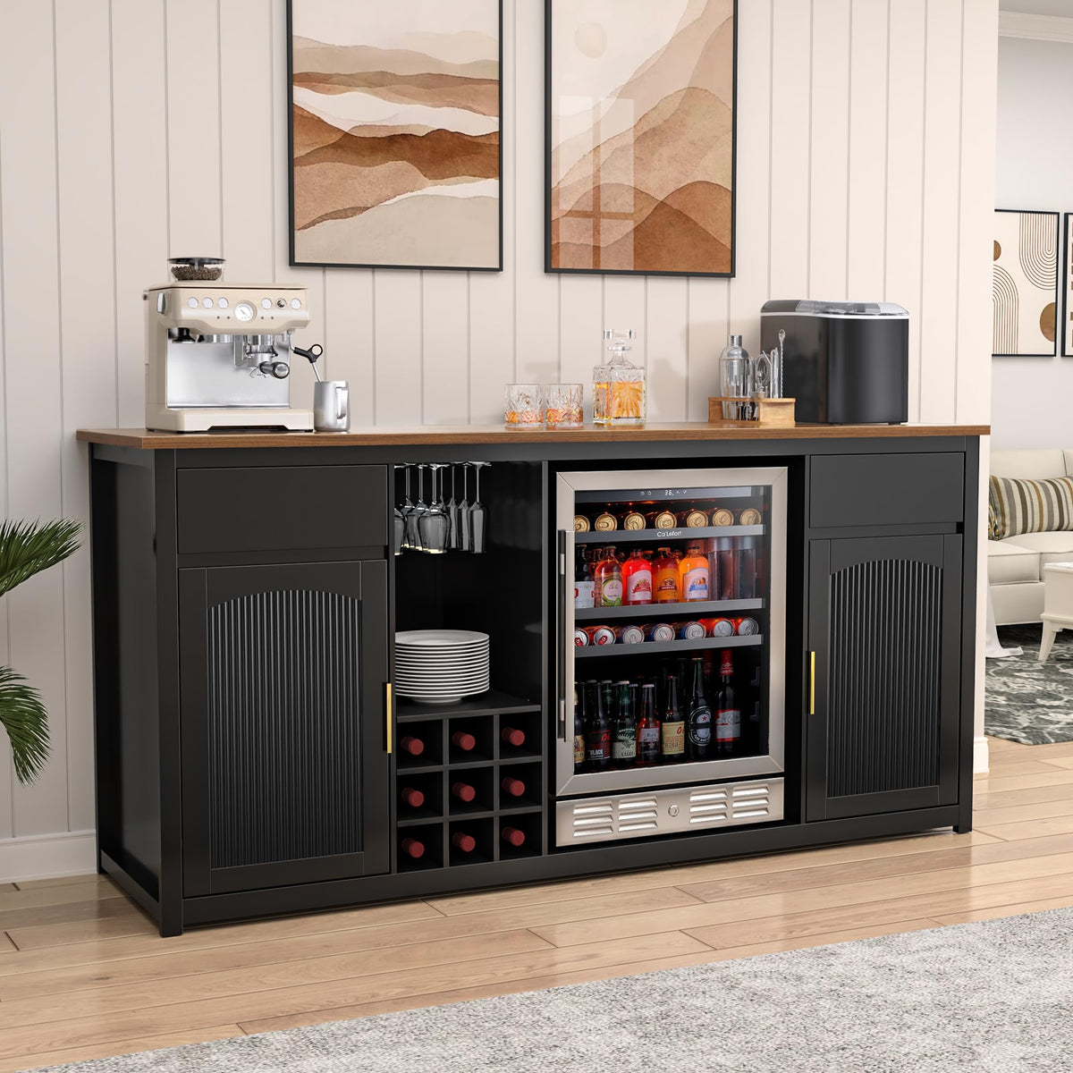 GDLF Large Coffee Bar Cabinet with Fridge Space, Mini Fridge Cabinet with Wine Storage, Buffet Sideboard Table for Home, Fluted Modern Design,53.2" L