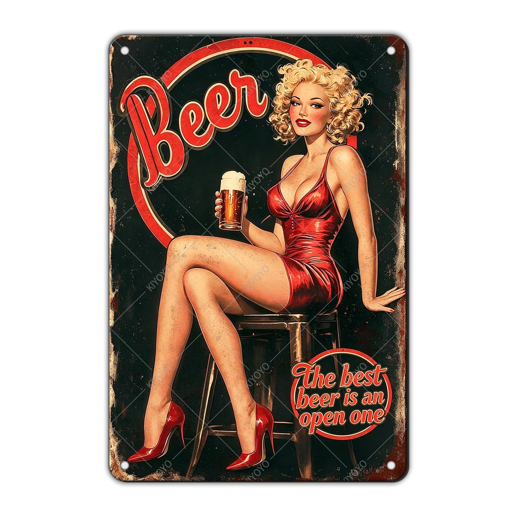 50s Pin up Girl Fishing Metal Tin Sign Open Fly Season Wall Decor Home Angler Cafes Lake House Seascape 12x8 Inch
