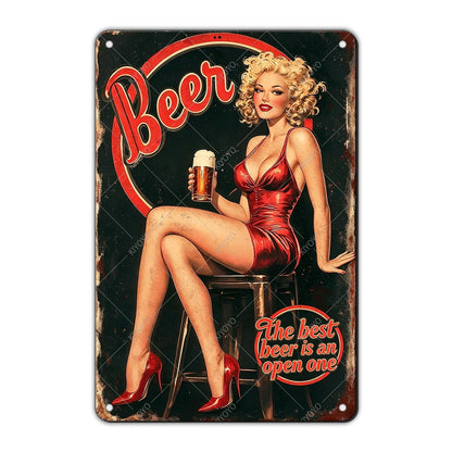 50s Pin up Girl Fishing Metal Tin Sign Open Fly Season Wall Decor Home Angler Cafes Lake House Seascape 12x8 Inch