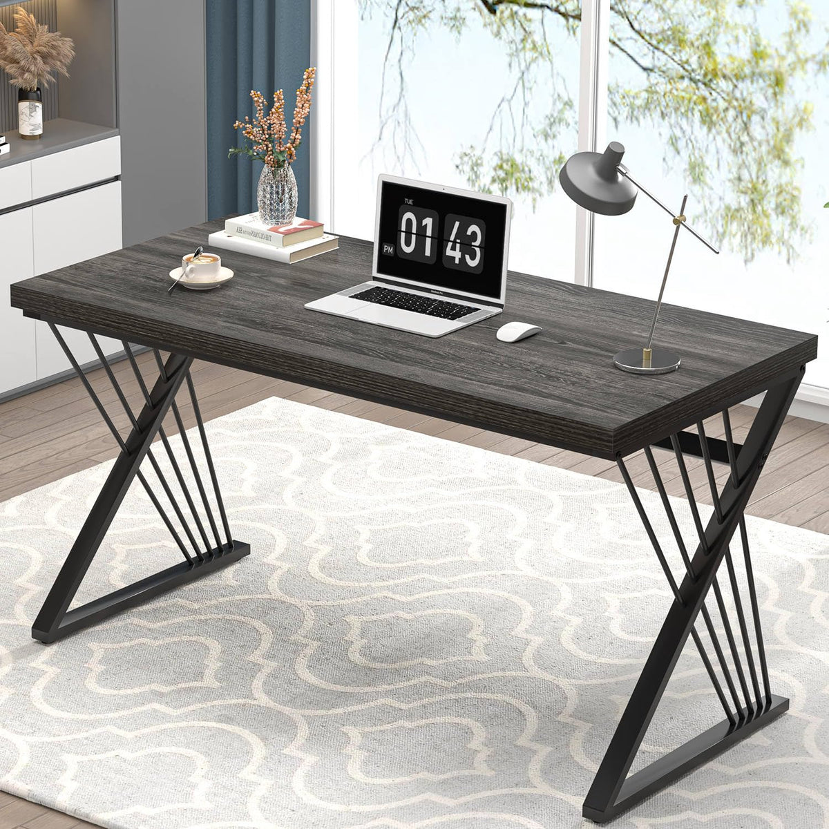 FOLUBAN Home Office Desks, Modern Wood and Metal Writing Study Work Table, Industrial Computer Desk for Bedroom Living Room, Rustic Walnut, 47 Inch