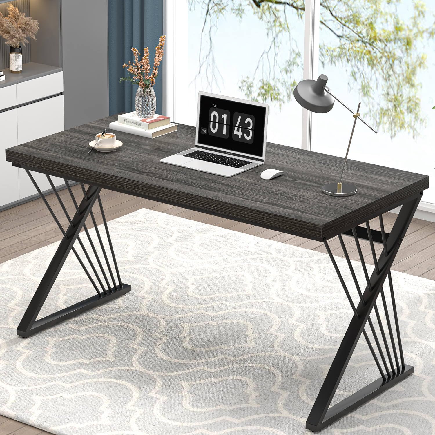 FOLUBAN Home Office Desks, Modern Wood and Metal Writing Study Work Table, Industrial Computer Desk for Bedroom Living Room, Rustic Walnut, 47 Inch