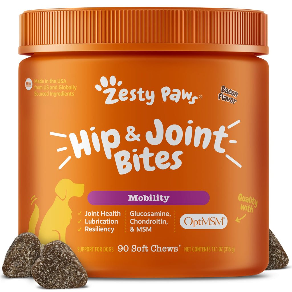 Zesty Paws Hip and Joint for Dogs, Glucosamine for Dogs Hip and Joint Supplement with Chondroitin, MSM, Vitamins C & E - Bacon, 90 Count