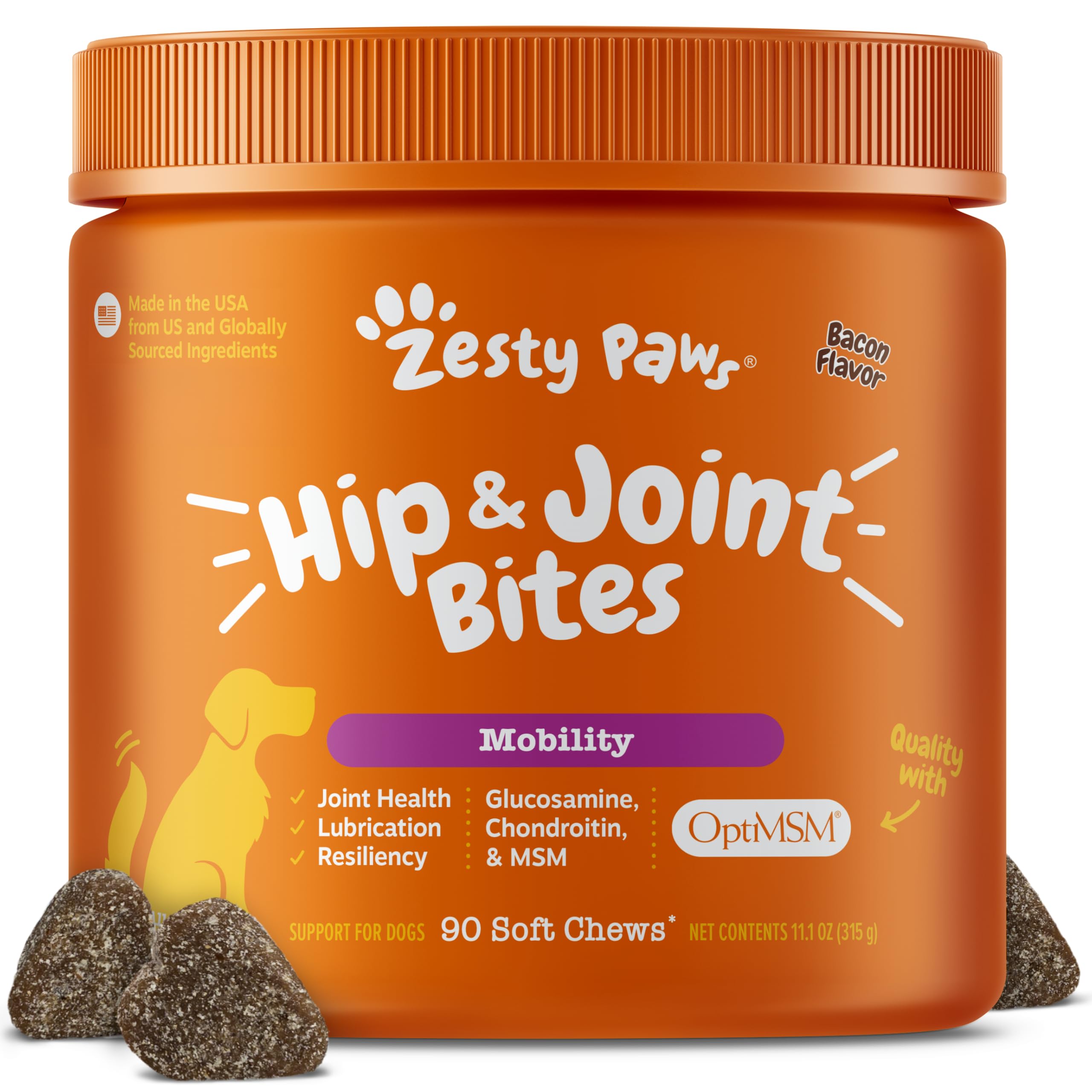 Zesty Paws Hip and Joint for Dogs, Glucosamine for Dogs Hip and Joint Supplement with Chondroitin, MSM, Vitamins C & E - Bacon, 90 Count