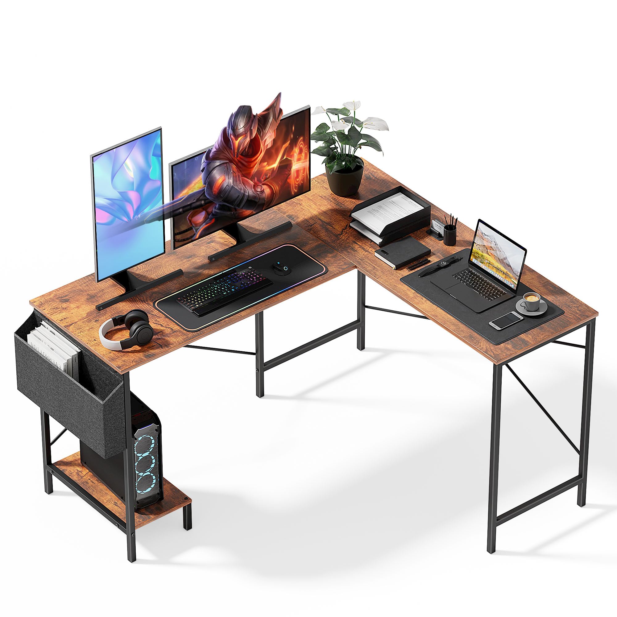 L Shaped Desk - 50" Reversible Home Office Computer Desk, Wood Top, Metal Frame, Side Bag, Sturdy Gaming Desk Corner Table for Work, Writing and Study, Space-Saving