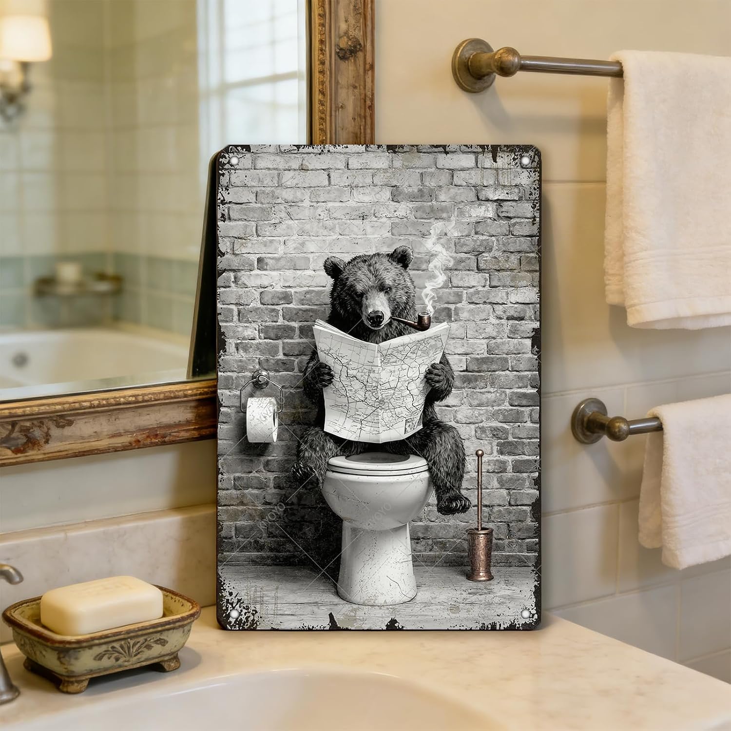 Funny Bear Metal Tin Sign Black and White Bathroom Vintage Bathroom Signs Restroom Wall Decor 12x8 Inch