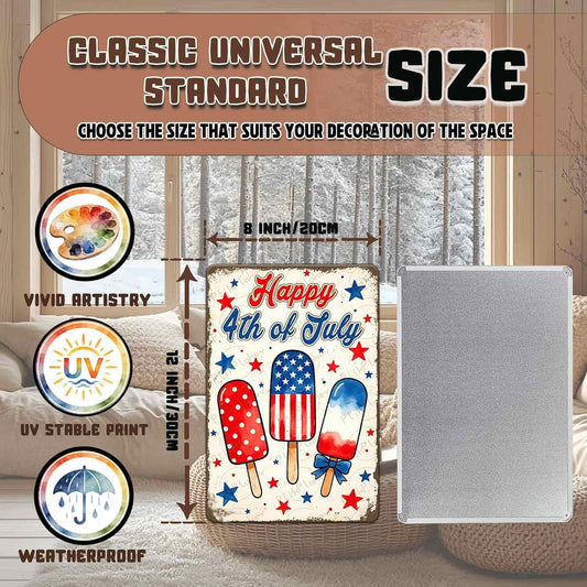 Patriotic 4th of July Tin Sign Happy Independence Day Popsicle Wall Art Vintage Retro Home Decor for Bar Living Room Bedroom Cafe Decoration 12x8 Inch