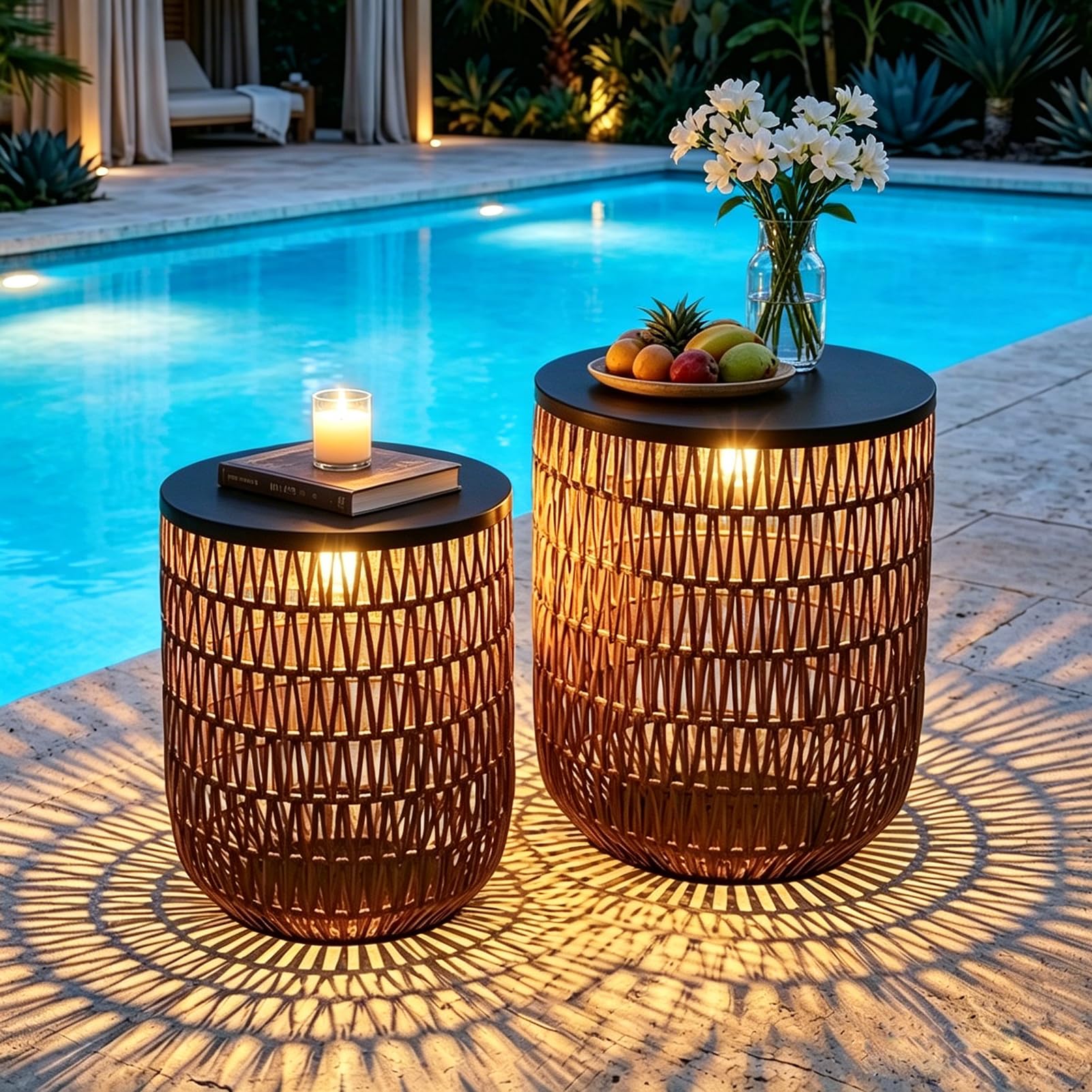 HMVPL Solar Outdoor Side Table Set of 2 with Dimmable Light, Round Patio Side Table for Outside, Outdoor End Accent Tables, Plastic Rattan Patio End Table for Poolside Backyard Gazebo, Dusk to Dawn