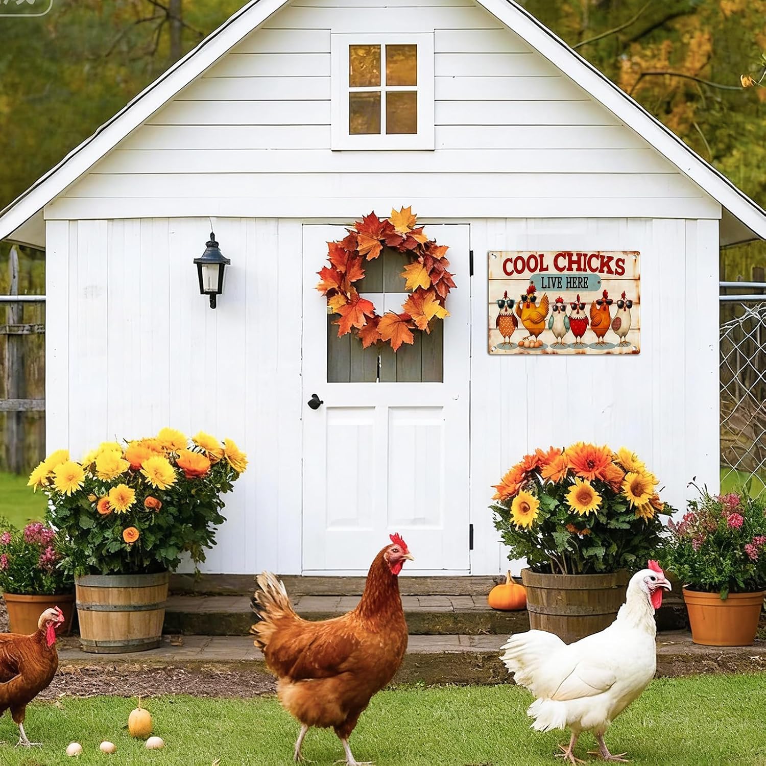 Chicken Metal Decor Sign Vintage Metal Tin Sign Wall Art Decor Cool Chicks Live Here Chicken Coop Signs Accessories for Outdoor Decorations Gifts for Women and Hen Lovers 8 X 12 Inch