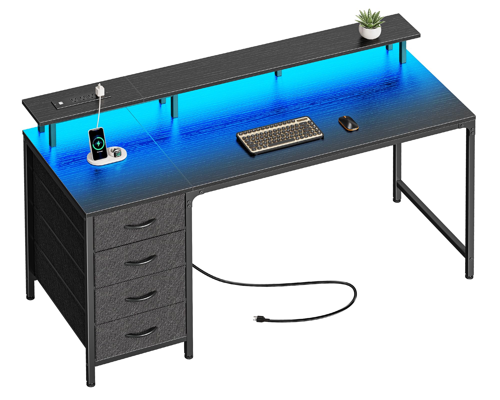 Huuger 47 Inch Computer Desk with Power Outlets and LED Lights, Gaming Desk with 4 Drawers, Office Desk with Monitor Stand, Study Work Home Office, Small Spaces, Black