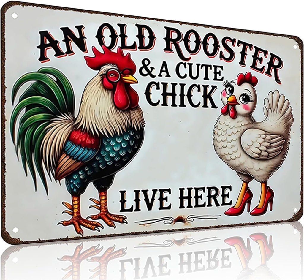 Smilelife Funny Gifts for Women Chicken Lovers Farm Enthusiasts An Old Rooster And A Cute Chick Live Here Chicken Tin Sign for Chicken Coop Farm Kitchen Garden Yard Decor 8 X 12 Inch (3821)