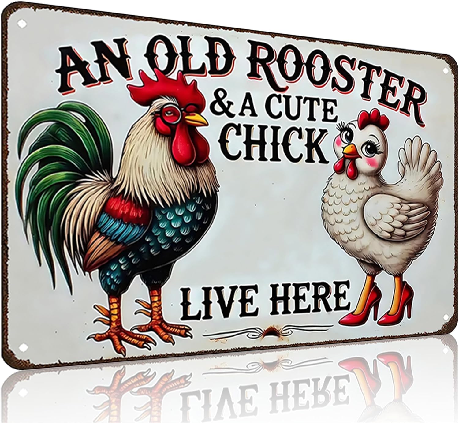 Smilelife Funny Gifts for Women Chicken Lovers Farm Enthusiasts An Old Rooster And A Cute Chick Live Here Chicken Tin Sign for Chicken Coop Farm Kitchen Garden Yard Decor 8 X 12 Inch (3821)