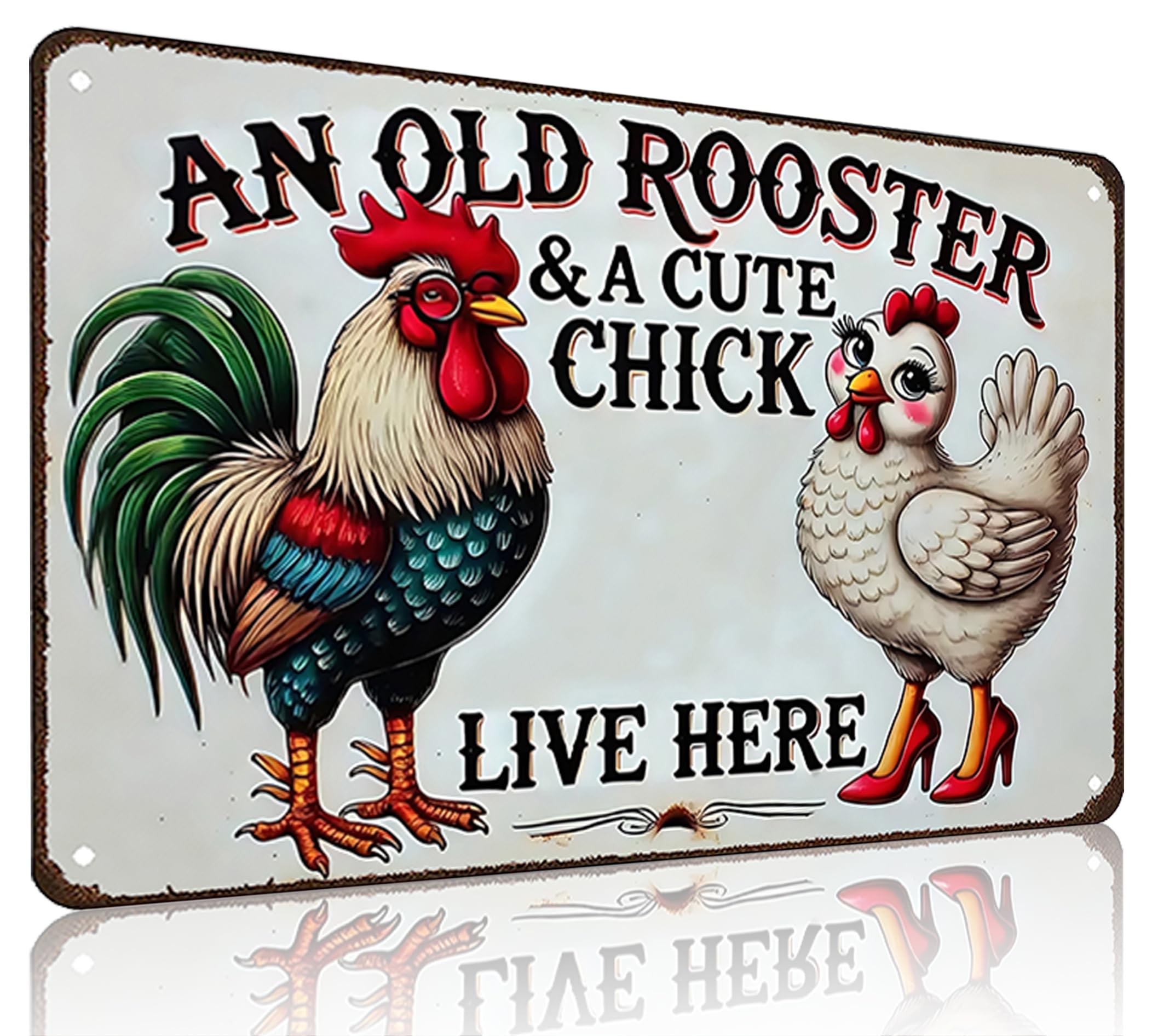 Smilelife Funny Gifts for Women Chicken Lovers Farm Enthusiasts An Old Rooster And A Cute Chick Live Here Chicken Tin Sign for Chicken Coop Farm Kitchen Garden Yard Decor 8 X 12 Inch (3821)