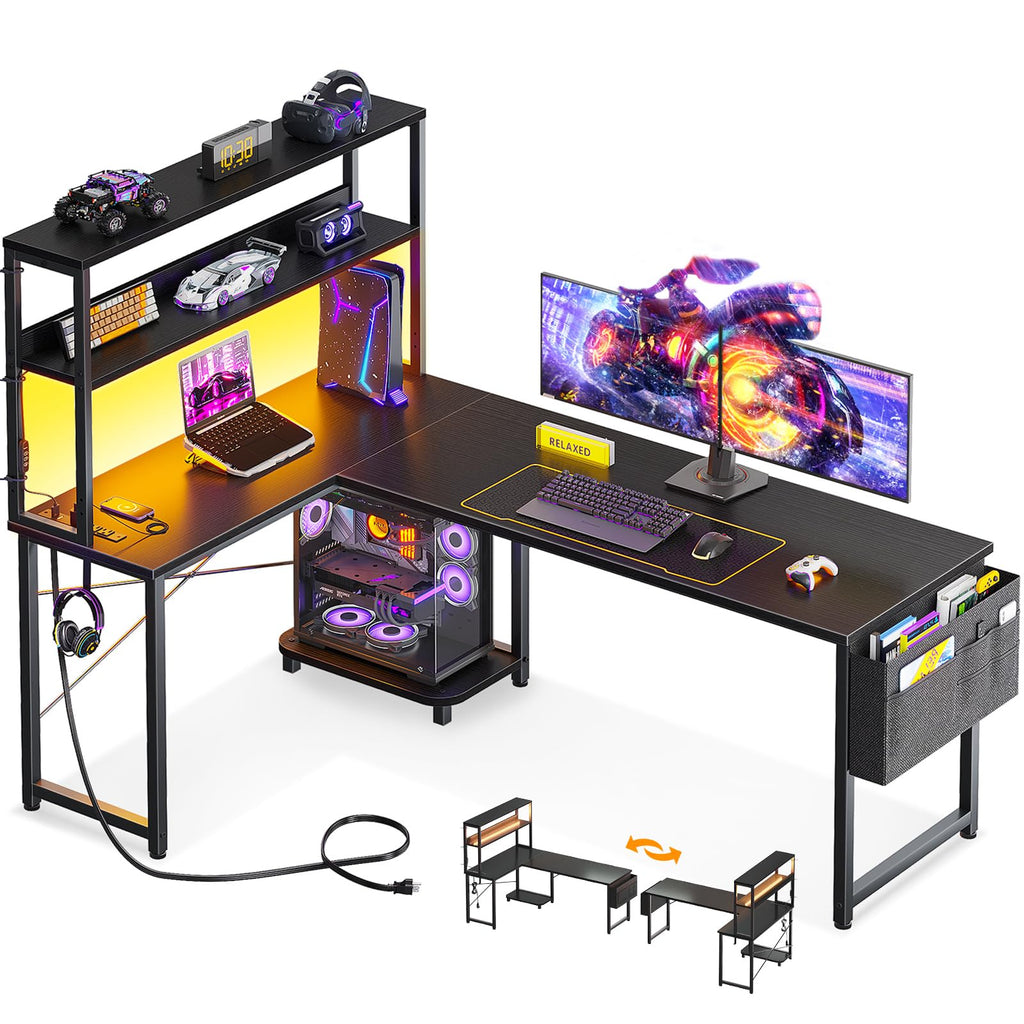 ODK 53 Inch L Shaped Gaming Desk with LED Lighting, Reversible Desk with Power Outlets, Cornor Computer Table with Storage Shelves & Bag & Iron Hook, Home Office Table for Writing, Study, Black