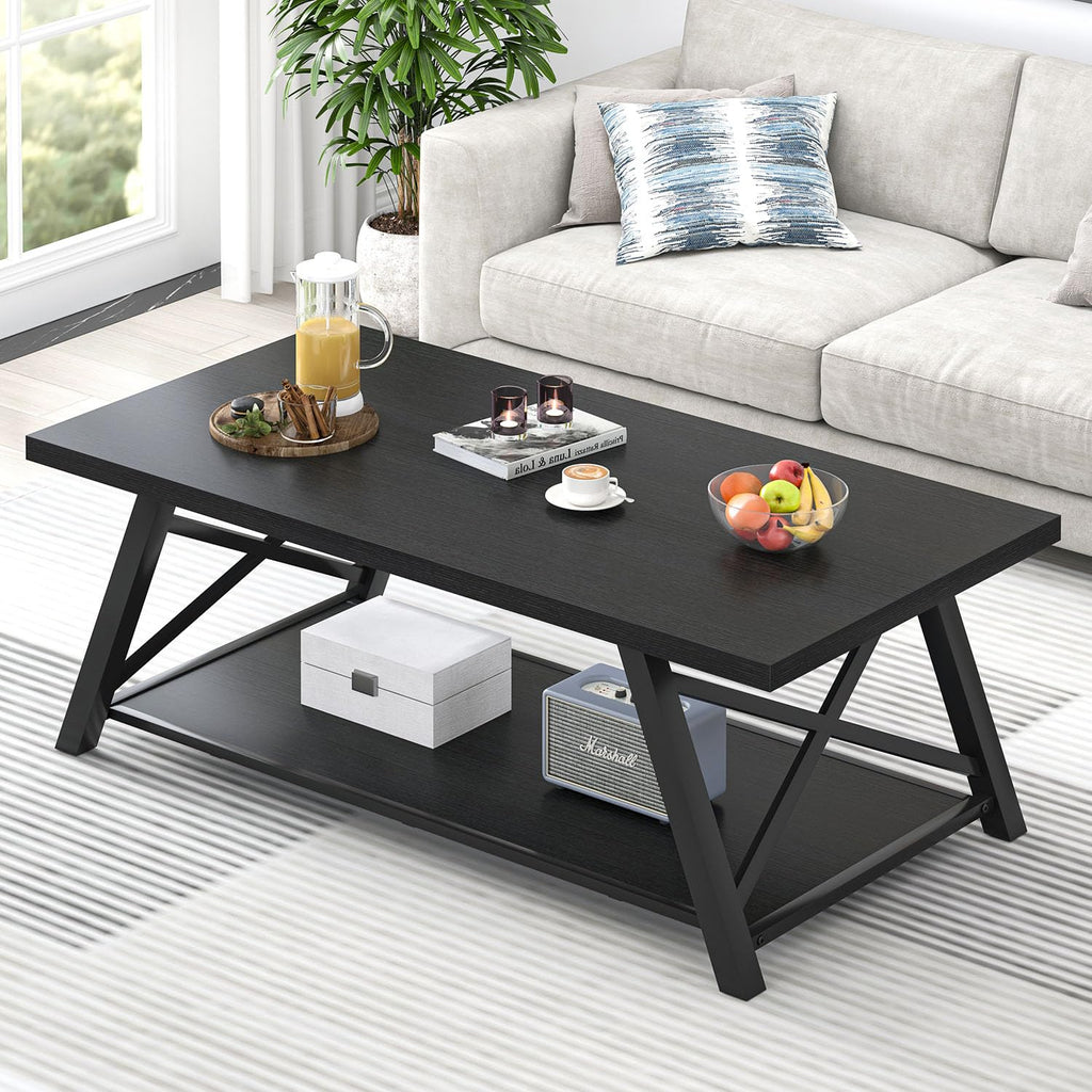 EXCEFUR Modern Coffee Table, Rectangle Center Table for Living Room with Storage Shelf, Industrial Wood and Metal Cocktail Tea Table, Rustic Oak, 47 Inch