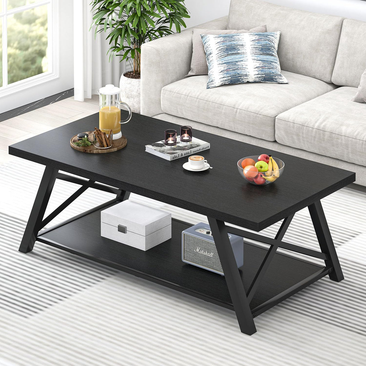 EXCEFUR Modern Coffee Table, Rectangle Center Table for Living Room with Storage Shelf, Industrial Wood and Metal Cocktail Tea Table, Rustic Oak, 47 Inch