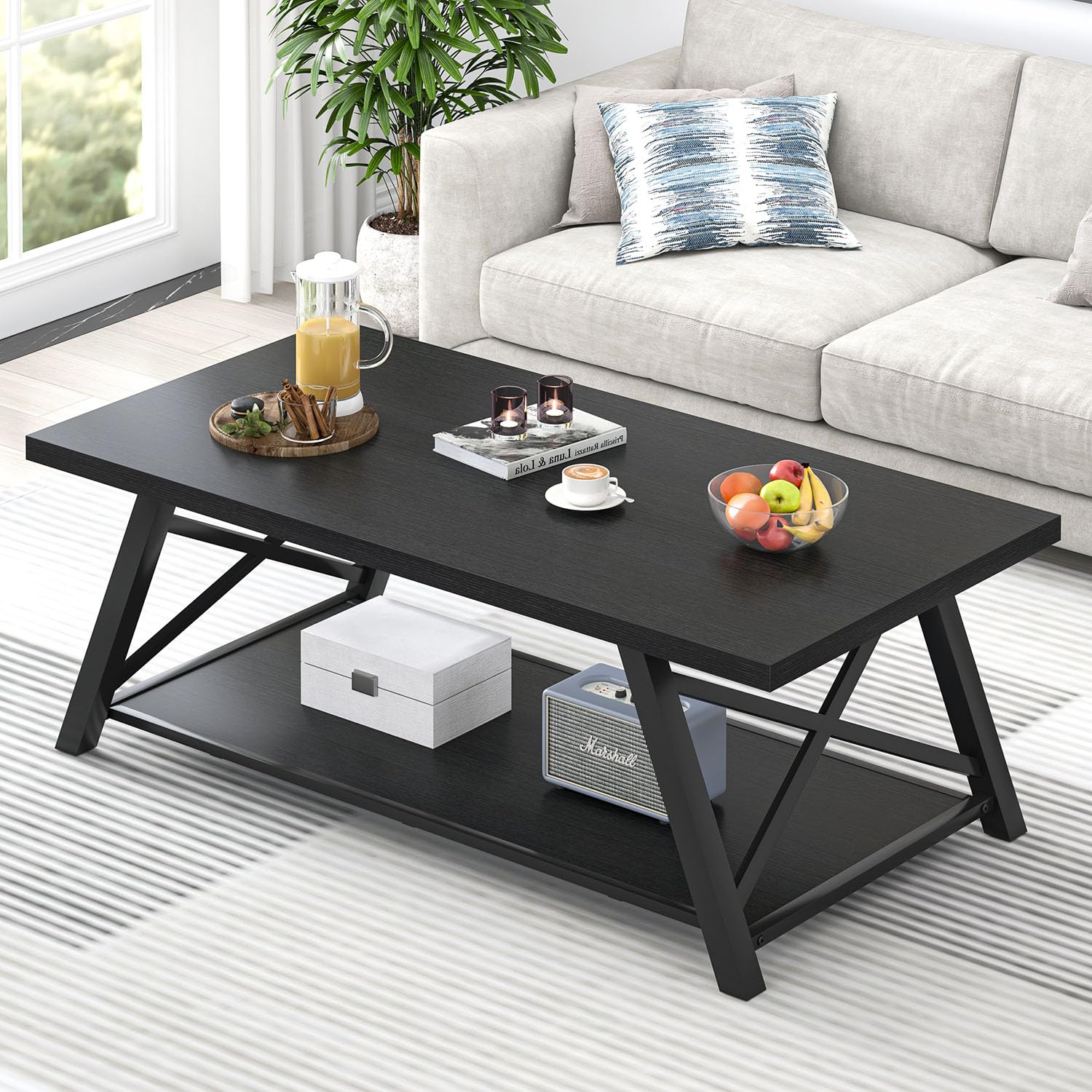 EXCEFUR Modern Coffee Table, Rectangle Center Table for Living Room with Storage Shelf, Industrial Wood and Metal Cocktail Tea Table, Rustic Oak, 47 Inch