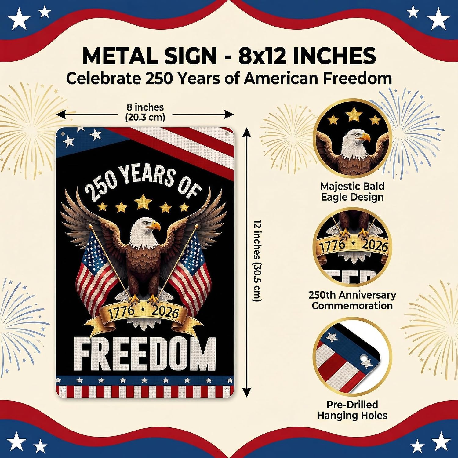 FunnySign 250 Anniversary USA Merchandise Vintage Patriotic Decor USA 250 Years of Freedom Eagle Design Tin Sign for Home Bedroom Front Door Yard Porch Decor 8 x 12 inches