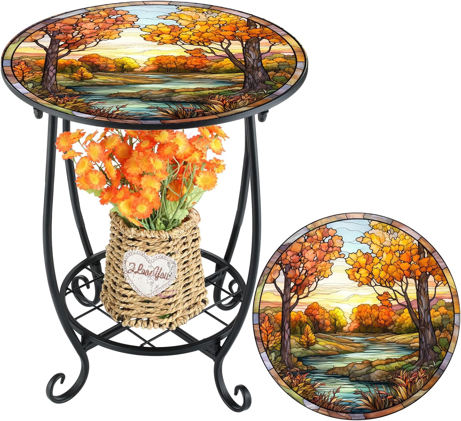 Cinnvoice Outdoor Side Table Round Small Mosaic Patio Accent Indoor End Plant Coffee Tea Table for Yard Patio Porch Garden Living Room, Bedroom(Butterfly Style,14 Inch)