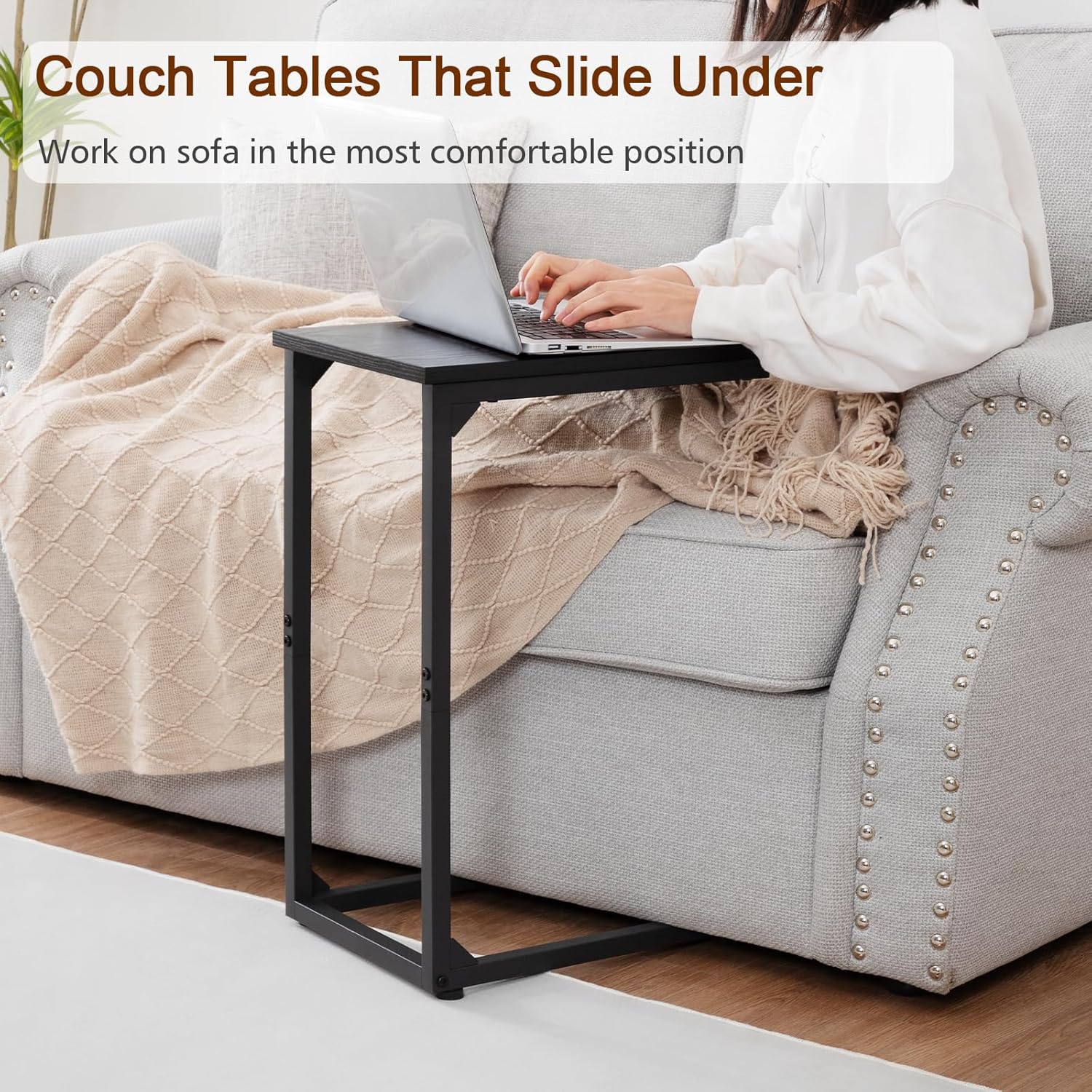 AMHANCIBLE C Shaped End Table Set of 2, Couch Side Table that Slide Under Sofa, Narrow Small Space TV Trays for Living Room, Bedroom, Black, HET02CBK
