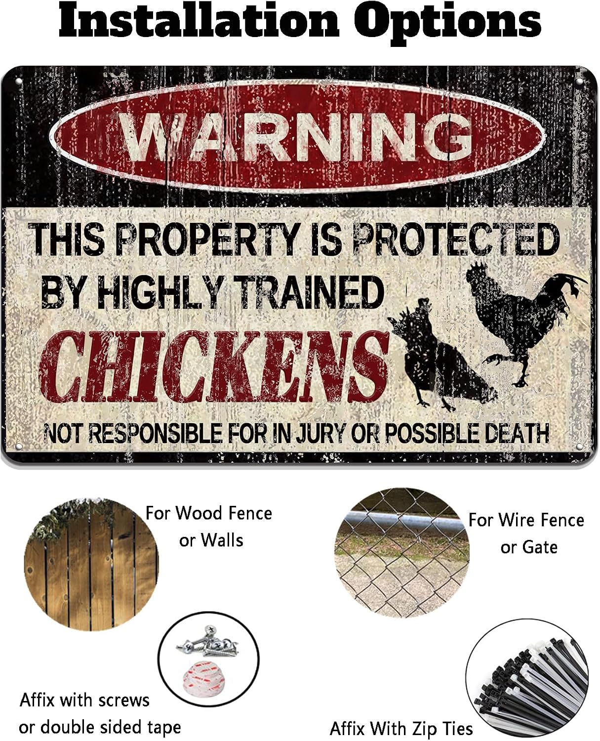 Chickens Tin Sign, Funny Metal Sign, Vintage Wall Decor 12x8 Inch - Warning This Property Protected by Chickens