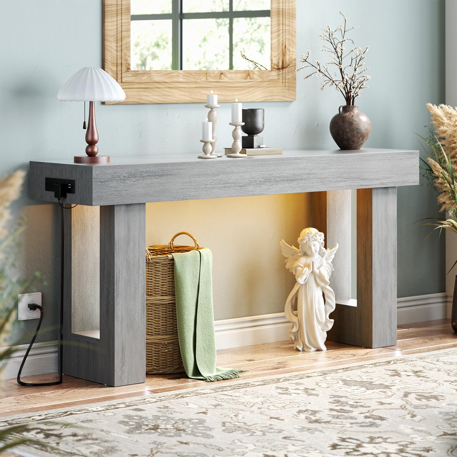 Unikito 47" Entryway Table with Socket and Sensor Light, Narrow Console Table with Storage Behind Couch, Farmhouse Entry Way Tables with Open Storage for Entrance/Hallway/Living Room, Natural Oak