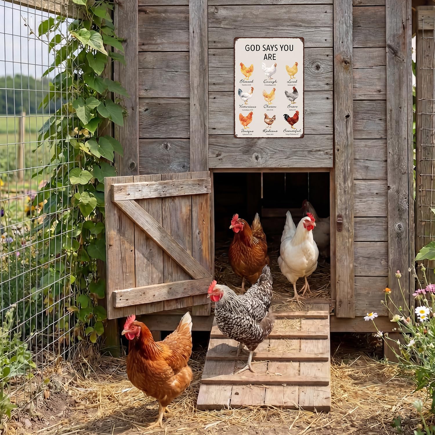 Christian Chicken Tin Sign Bible Verse 8x12 Inch, Watercolor Rooster “God Says You Are” Metal Wall Decor, Religious Encouragement Gift for Farmhouse, Kitchen, Garden, Coop and Chicken Lovers