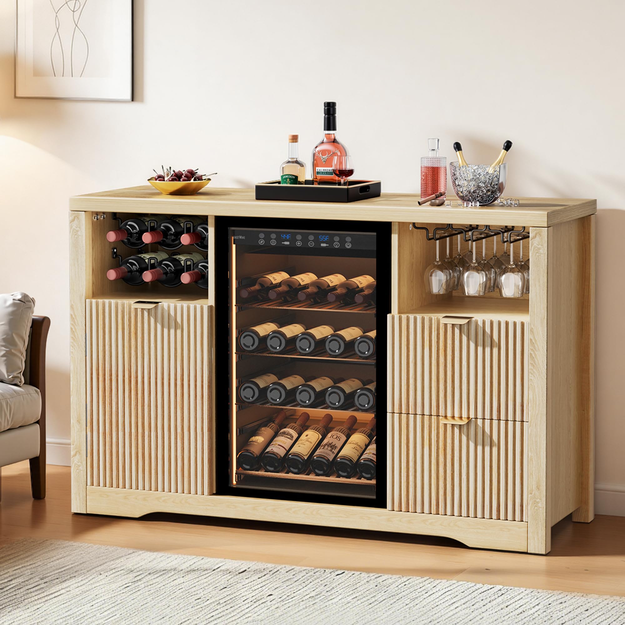 Coffee Bar Cabinet with Fridge Space, 53" L Wine Cabinets with Storage Drawer, Wood Buffet Sideboard Table, Fluted Liquor Cabinet with Wine Rack for Home, Living Room,20"D x 53.1"W x 39.4"H-Black