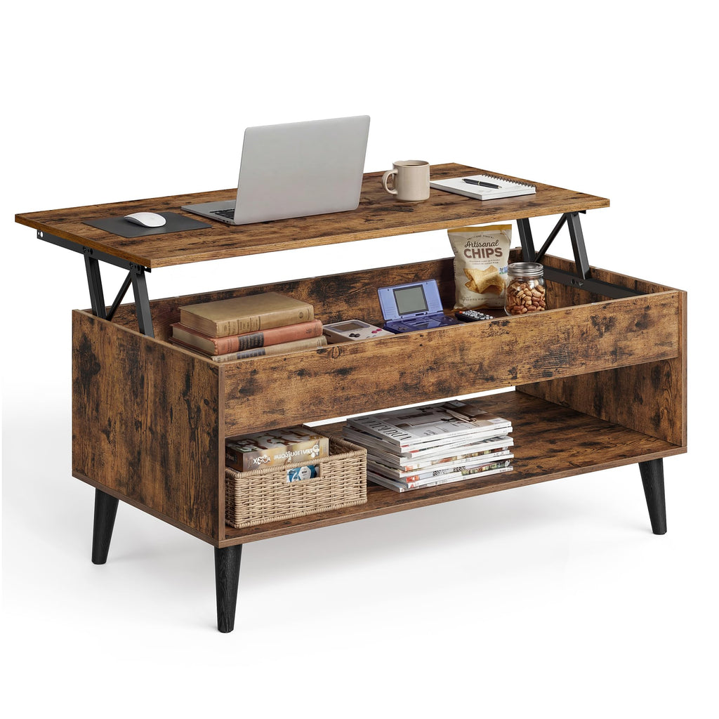 VASAGLE Lift Top Coffee Table, Lift Tabletop Dining Table, Gas Spring, Hidden Compartment, Open Storage Shelf, for Living Room, Home Office, Honey Brown ULCT268KB01S