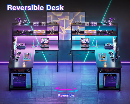 ODK 53" L Shaped Gaming Desk with Hutch & Headphone Hook, Corner Computer Table with Storage Shelves for Home Office, Black