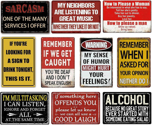 Funny Bar Signs for Home Bar Wall Art - Man Cave Decor Garage Signs for Men - Vintage Bar Metal Tin Signs 10-Piece Set - Basement Pub Wall Decor Gifts 8x12 Inch