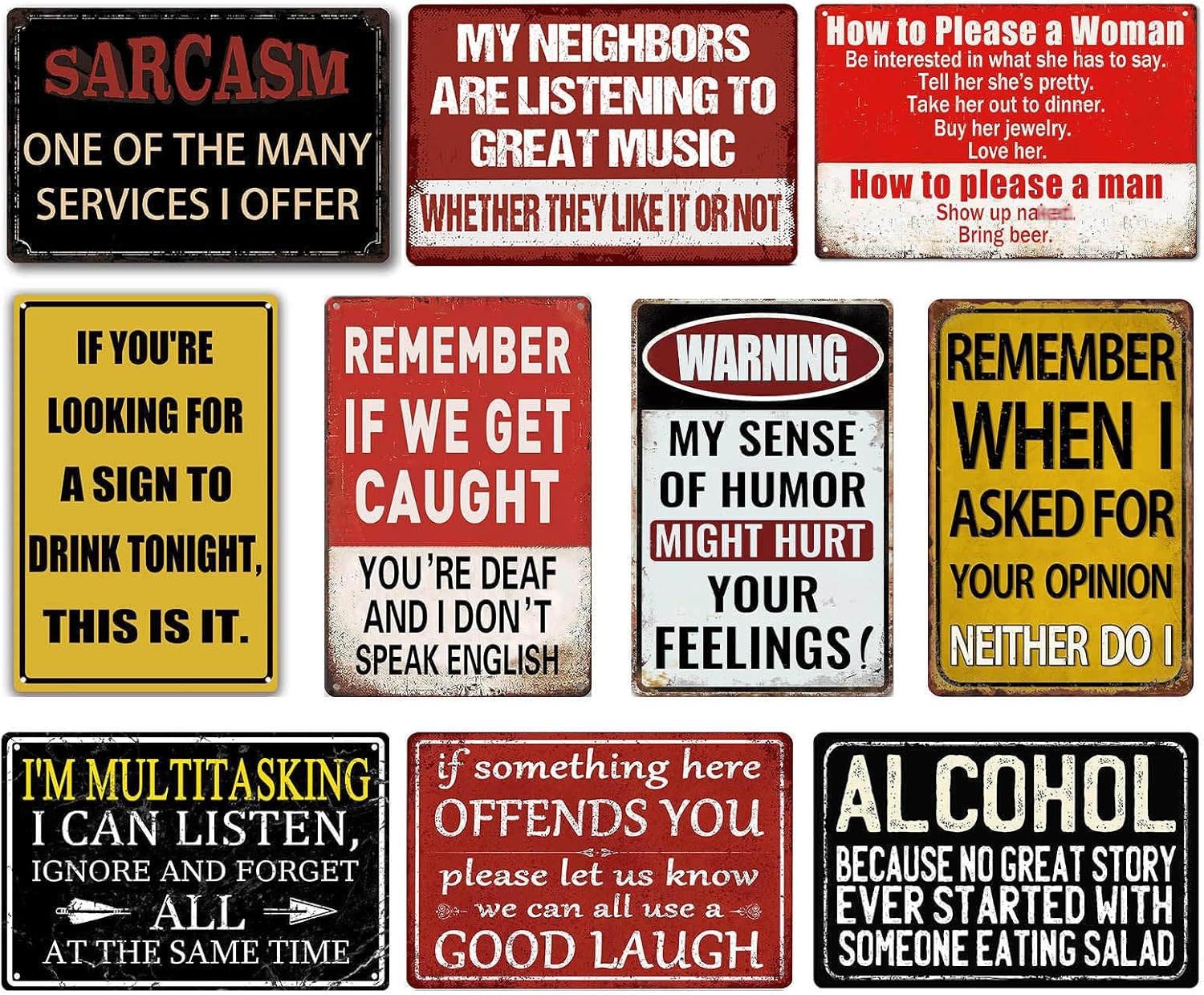 Funny Bar Signs for Home Bar Wall Art - Man Cave Decor Garage Signs for Men - Vintage Bar Metal Tin Signs 10-Piece Set - Basement Pub Wall Decor Gifts 8x12 Inch