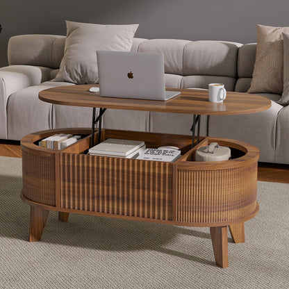 Fluted Lift Top Coffee Table with Storage,Modern Oval Coffee Table for Living Room or Home Office（Walnut）