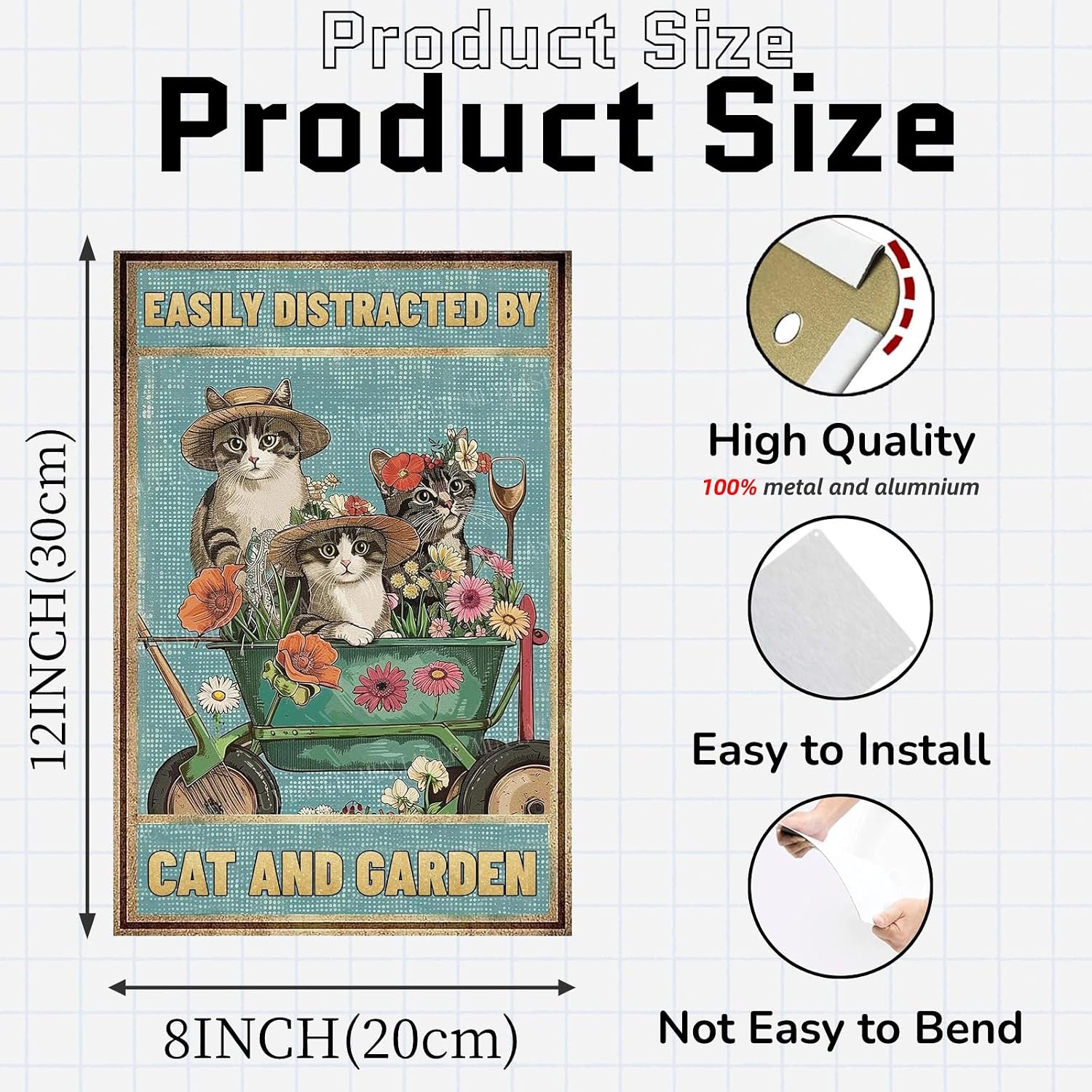 Metal Sign Easily Distracted By Cats & Garden Vintage Retro Aluminum Tin Sign for Garden, Kitchen, Office, Home, Bar, Cafe Decor 8x12 Inch