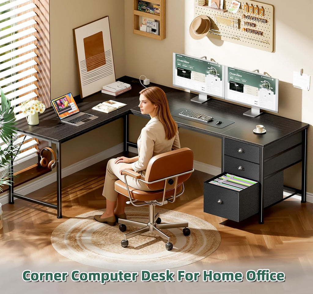 Furologee 63" L Shaped Desk with Power Outlets & USB-C Port, Reversible Corner Computer Desk with 3 Fabric Drawers, Hooks, Large Home Office Desk for Gaming, Writing, Work, Black