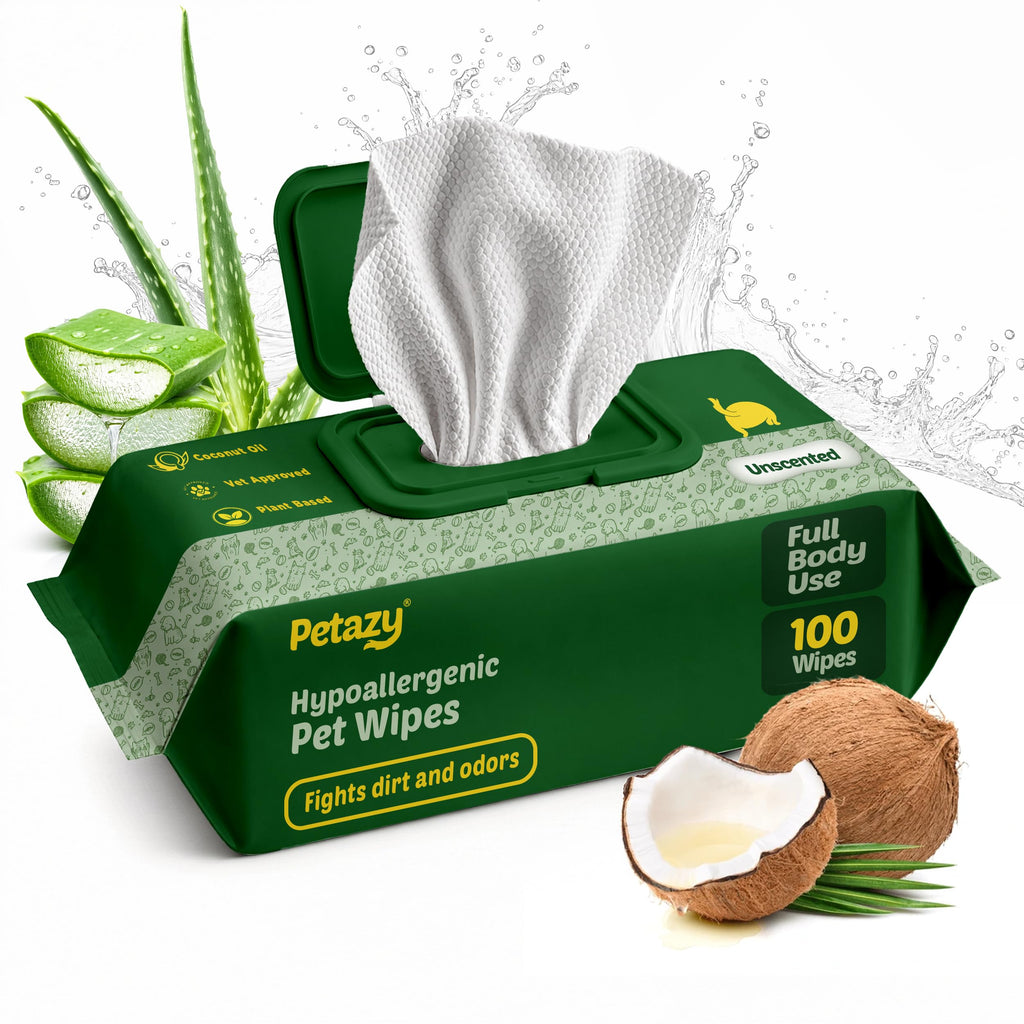 Petazy Pet Wipes for Dogs and Cats – 400 Count (8x8in) Hypoallergenic, Deodorizing Dog Wipes for Paws, Ears and Butt | XL with Aloe & Coconut Oil, Lavender Scented | Includes 4 Grooming Glove Wipes