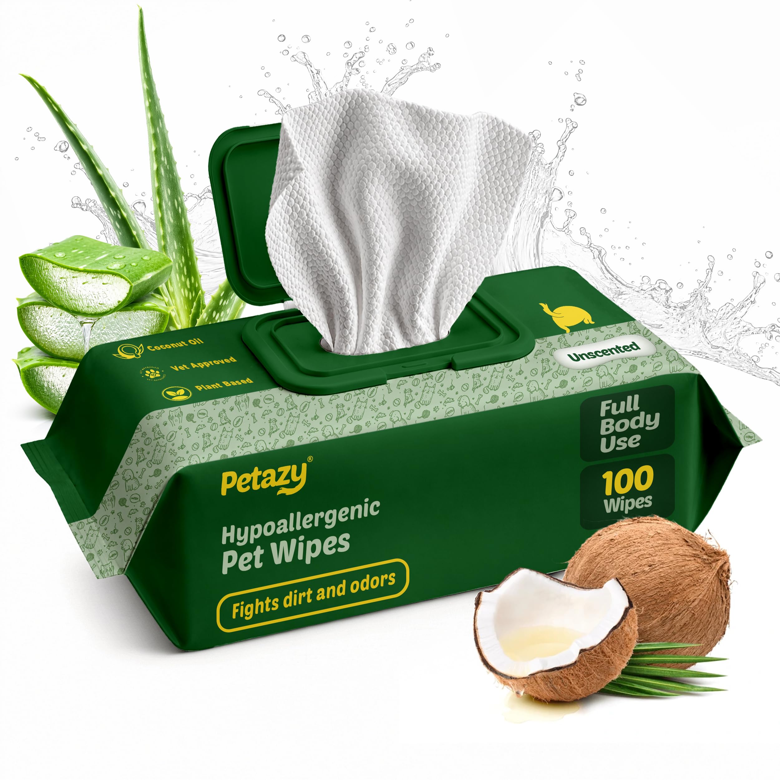 Petazy Pet Wipes for Dogs and Cats – 400 Count (8x8in) Hypoallergenic, Deodorizing Dog Wipes for Paws, Ears and Butt | XL with Aloe & Coconut Oil, Lavender Scented | Includes 4 Grooming Glove Wipes