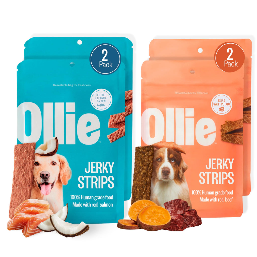 Ollie Jerky Dog Treats Variety Pack, Chicken and Apple and Beef and Sweet Potato Bundle, All Natural, Healthy, Made with Real Meat 5 Oz. Pack of 2