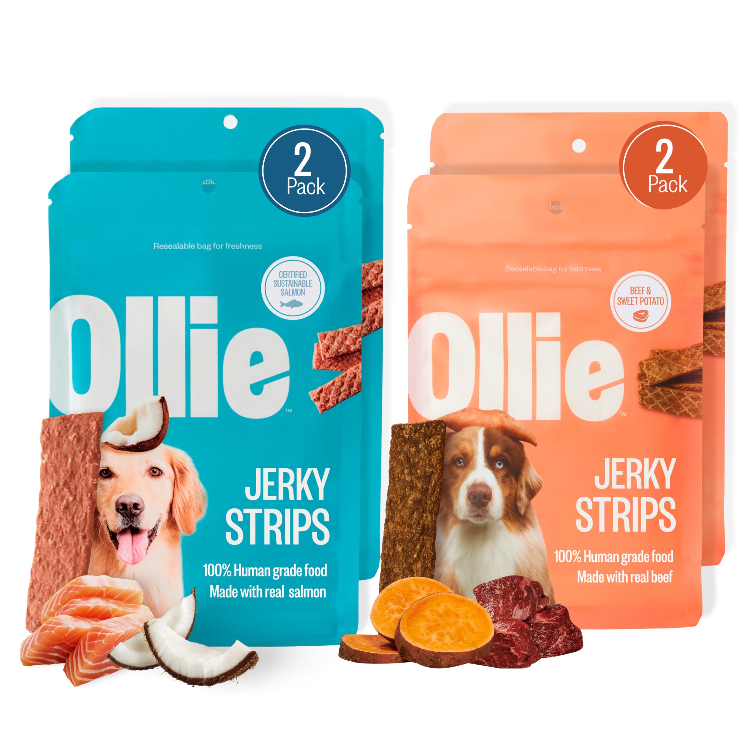 Ollie Jerky Dog Treats Variety Pack, Chicken and Apple and Beef and Sweet Potato Bundle, All Natural, Healthy, Made with Real Meat 5 Oz. Pack of 2