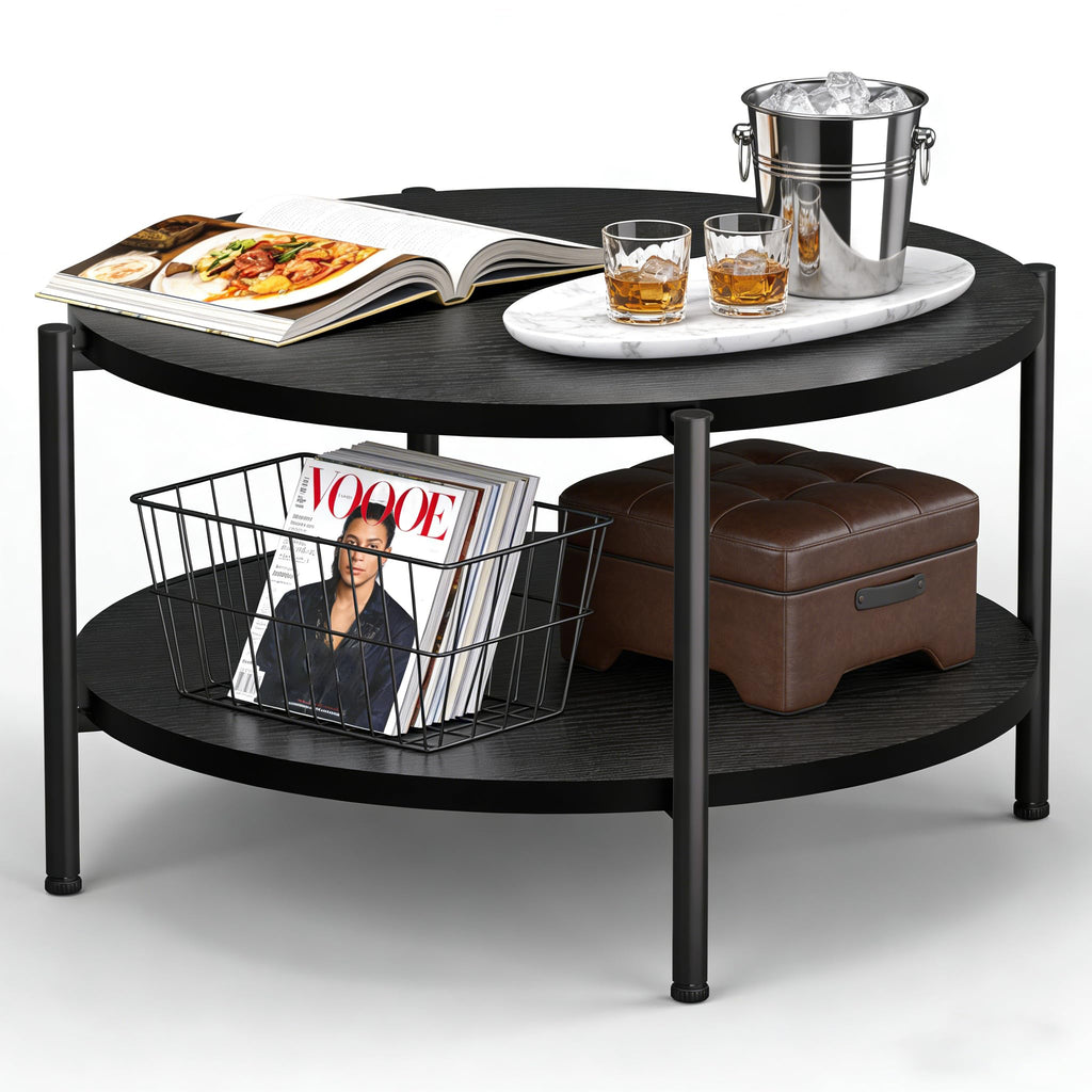 FAMIDGE Coffee Table, 23.6" Coffee Tables for Living Room, Round Coffee Table with Metal Frame, Floor Table for Sitting on The Floor, Home, Office, Black